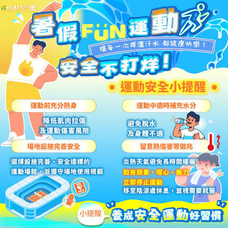 「安全熱身做得好，水分補滿沒煩惱；遠離熱傷沒死角，運動健康活到老！」