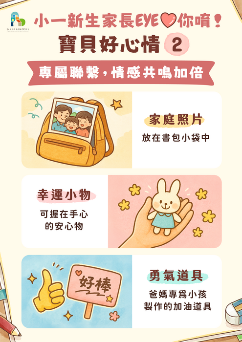 專屬連結，情感加倍 —— 傳遞安全感的溫柔力量 陪伴寶貝面對分離與新挑戰時 勇敢踏出一步 1. 家庭照片：放在書包小袋中。 2. 幸運小物：可握在手心的安心物。 3. 勇氣道具：爸媽專為小孩製作的加油道具。