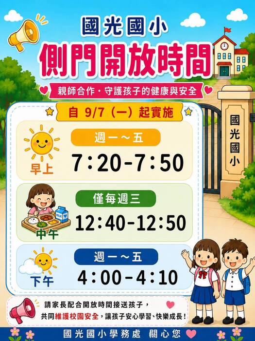 115學年度國光國小側門開放時間自9/7(一)開始實施