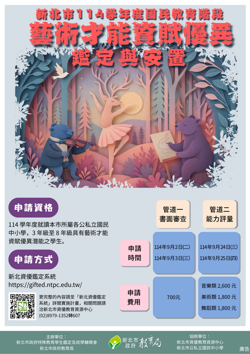 【公告】新北市114學年度國民教育階段藝術才能資賦優異學生鑑定及安置實施計畫圖片